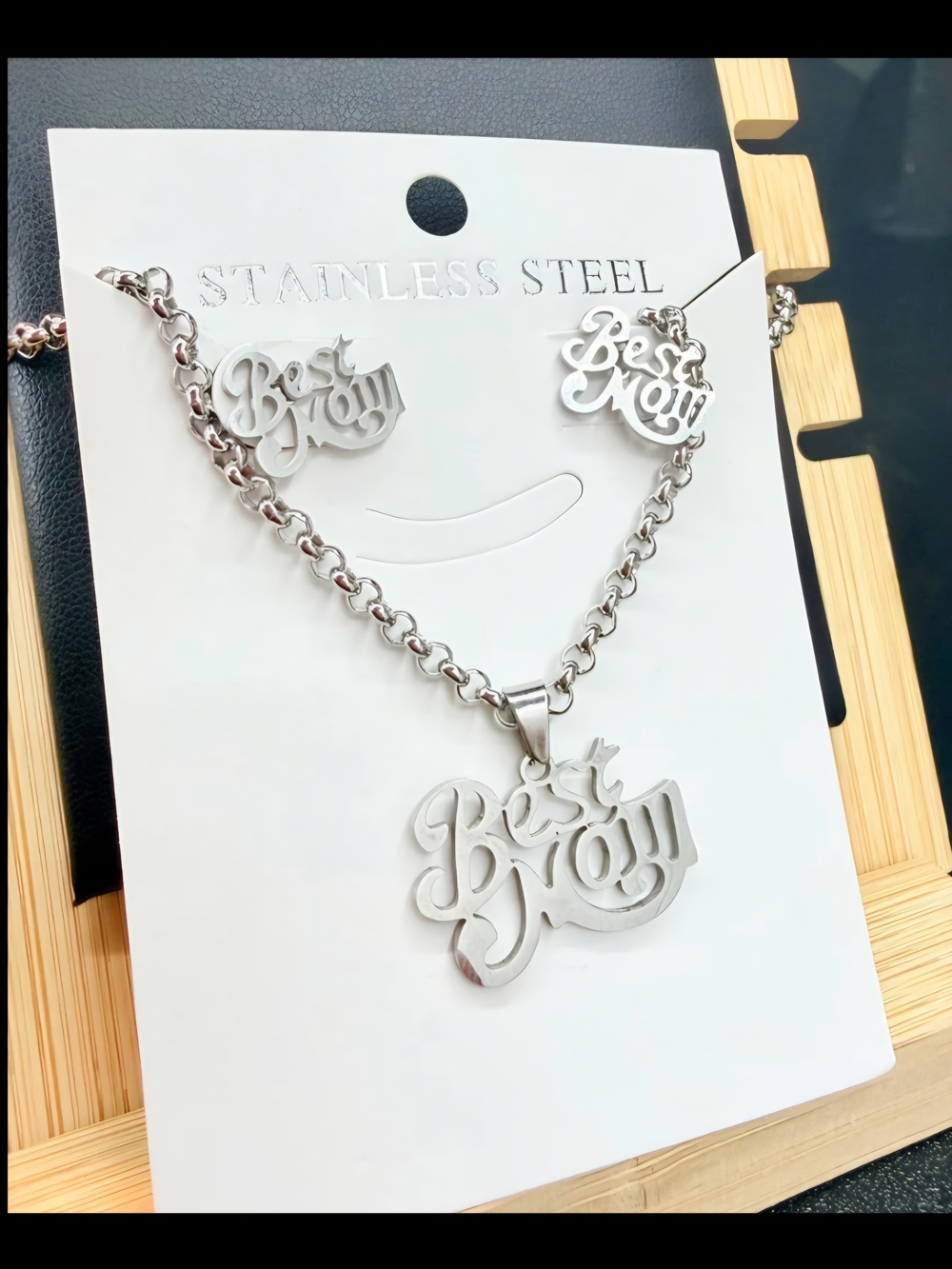 Stainless Steel 'Best Mom' Necklace & Earrings Set - Silver